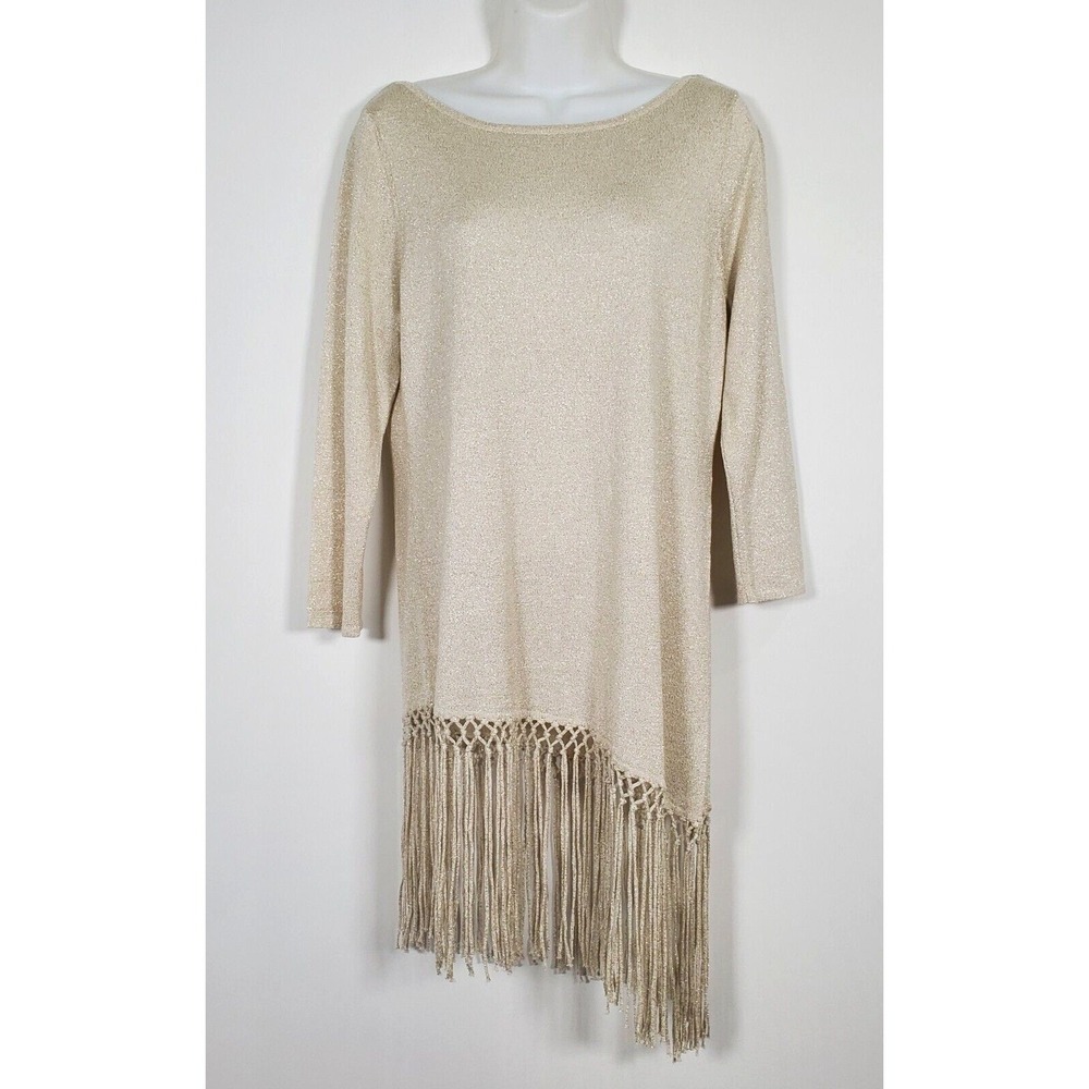 White House Black Market Gold Metallic Fringe Tunic Top‎ Shimmer Boho Party M